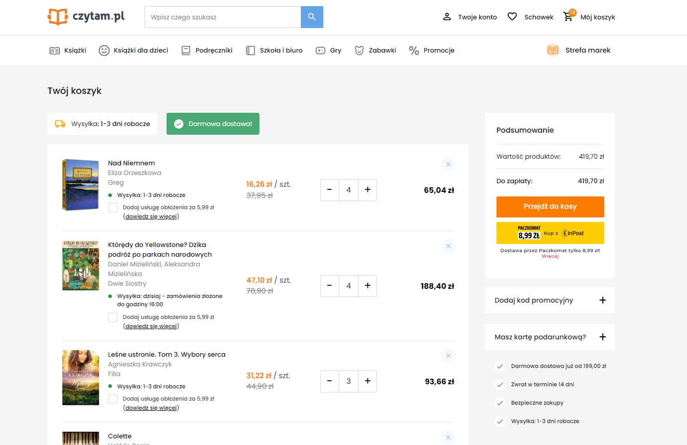 Widok koszyka z produktami