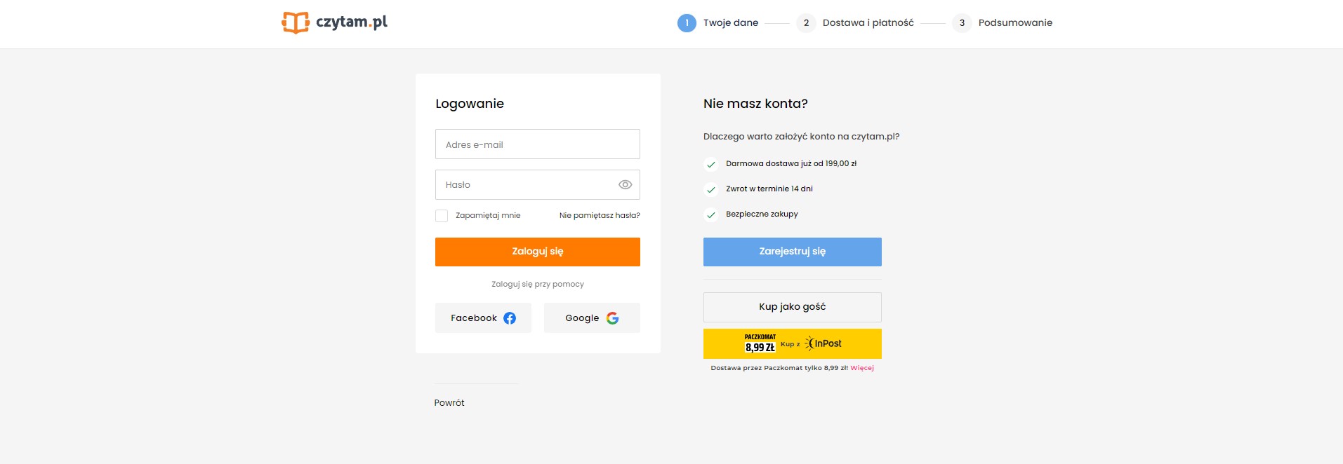 Ekran logowania lub zakup bez rejestracji