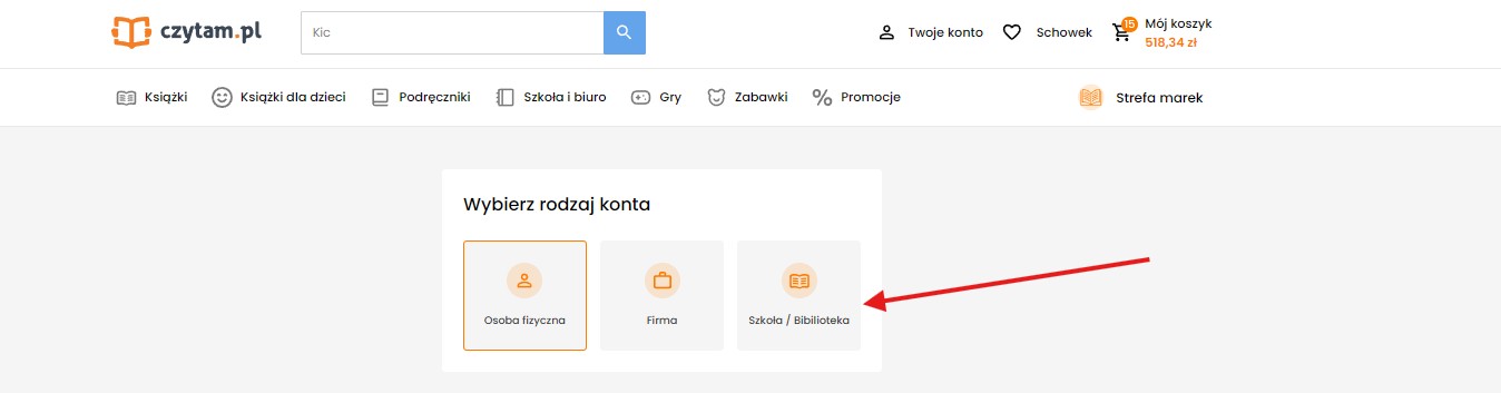 Formularz wyboru rodzaju konta instytucjonalnego