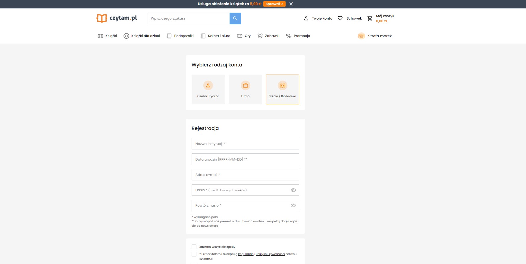 Formularz rejestracyjny konta instytucjonalnego