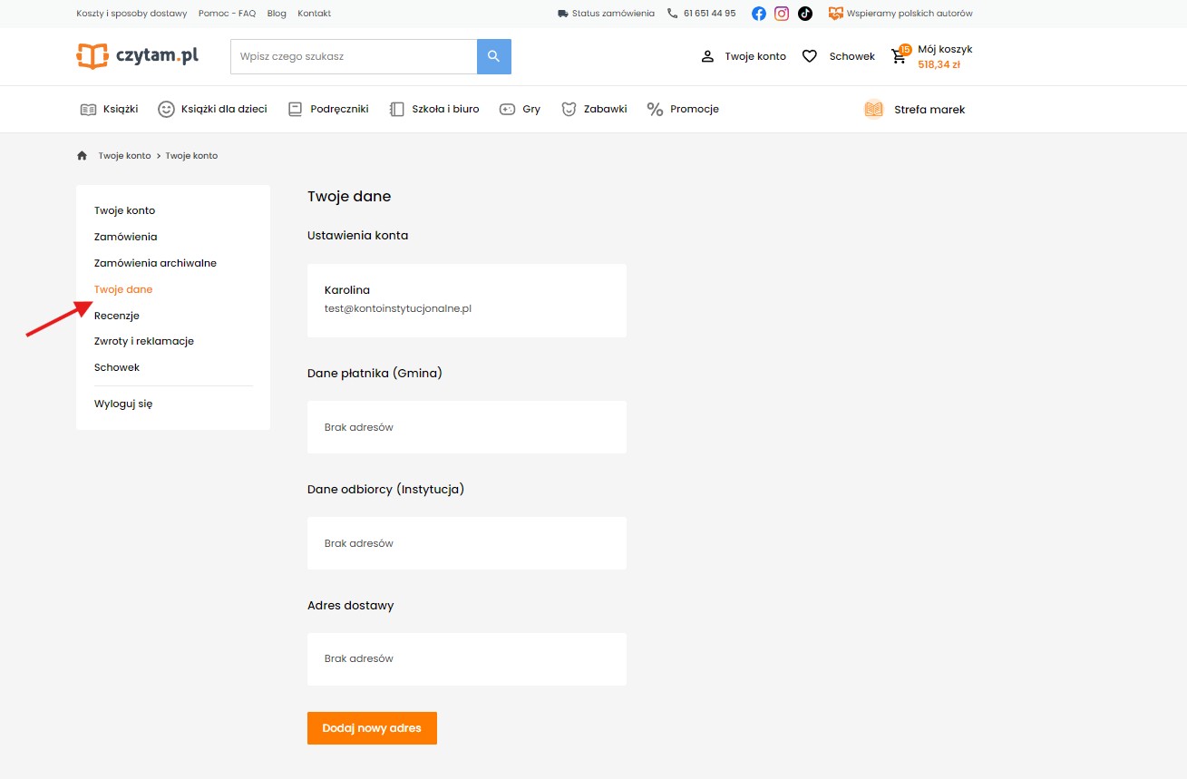 Panel użytkownika po zalogowaniu