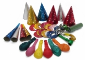 Zestaw MAGIC PARTY dla 6 osób (6 czapeczki, 2 gwizdki, 4 trąbki, 6 balonów,serpentyny folia, 6 masek)
