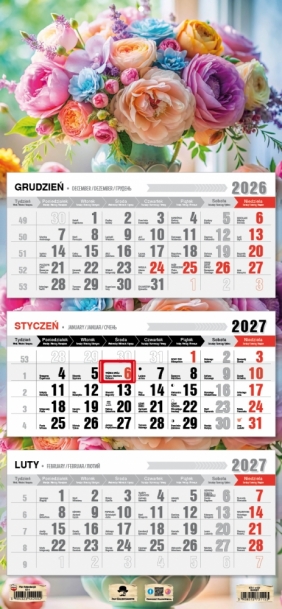 Kalendarz 2027 trójdzielny z płaską główką, 1 szt.