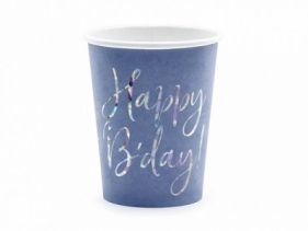Kubek jednorazowy Partydeco papierowy w kolorze granatowym z holograficznym napisem Happy Bday pojemność ok. 220 ml 220ml (KPP63-074)