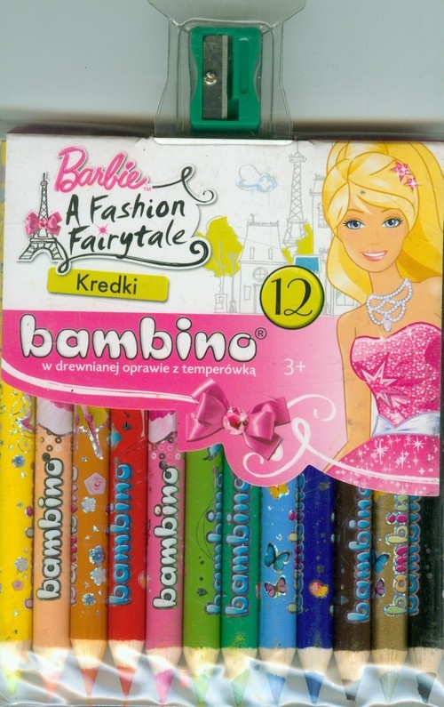 Kredki Bambino drewniane 12 kolorów z nadrukiem z temperówką Barbie