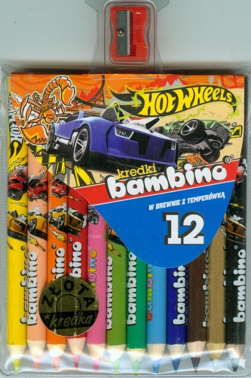 Kredki bambino drewniane 12 kolorów z nadrukiem z temperówką Hot Wheels