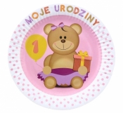 Talerzyki papier.Moje 1 urodziny rózowwe 18cm.