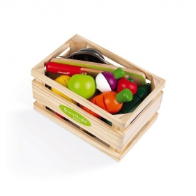 Drewniana skrzynka z warzywami i owocami do krojenia oraz akcesoriami - 23 elementy (J06607)
