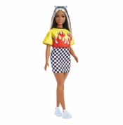 Barbie Fashionistas: Lalka - Koszulka z płomieniem, spódniczka w kratkę, biało-czarne włosy (FBR37/HBV13)