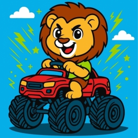 Malowanie po numerach - Lew w samochodzie Kid