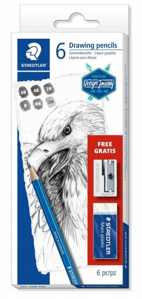 Zestaw ołówków Staedtler Mars Lumograph, 6szt (2H, HB, B, 2B, 4B, 6B) + gumka + temperówka
