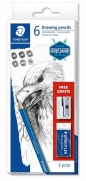 Zestaw ołówków Staedtler Mars Lumograph, 6szt (2H, HB, B, 2B, 4B, 6B) + gumka + temperówka