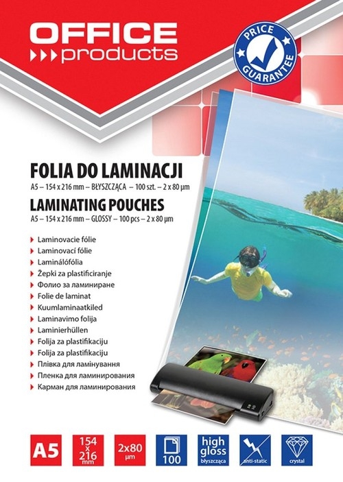 Folia do laminacji Office Products 154x216mm błyszcząca 100 sztuk