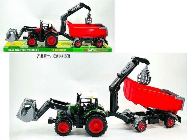 Traktor z koparko-ładowarką i przyczepą