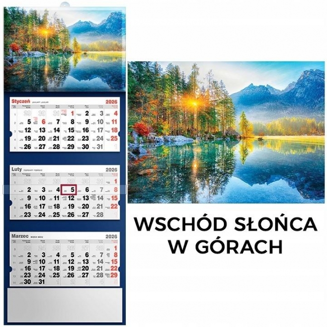 <img src='https://webimage.pl/pics/106/1/d5901421111106.jpg' style='height:440px' /> Kalendarz 2026 trójdzielny wschód słońca