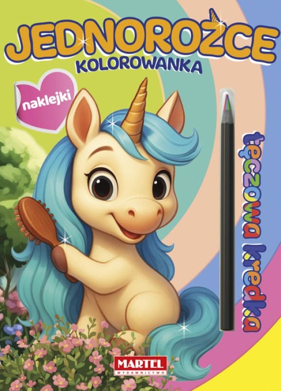 Kolorowanka z kredką tęczową i naklejkami. Jednorożce