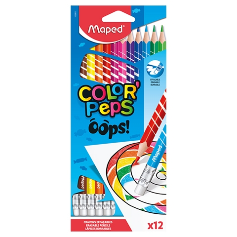 Kredki trójkątne Color'Peps Oops ścieralne z gumką, 12 kolorów (832812)