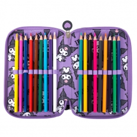 Piórnik szkolny potrójny z wyposażeniem - Kuromi Violet