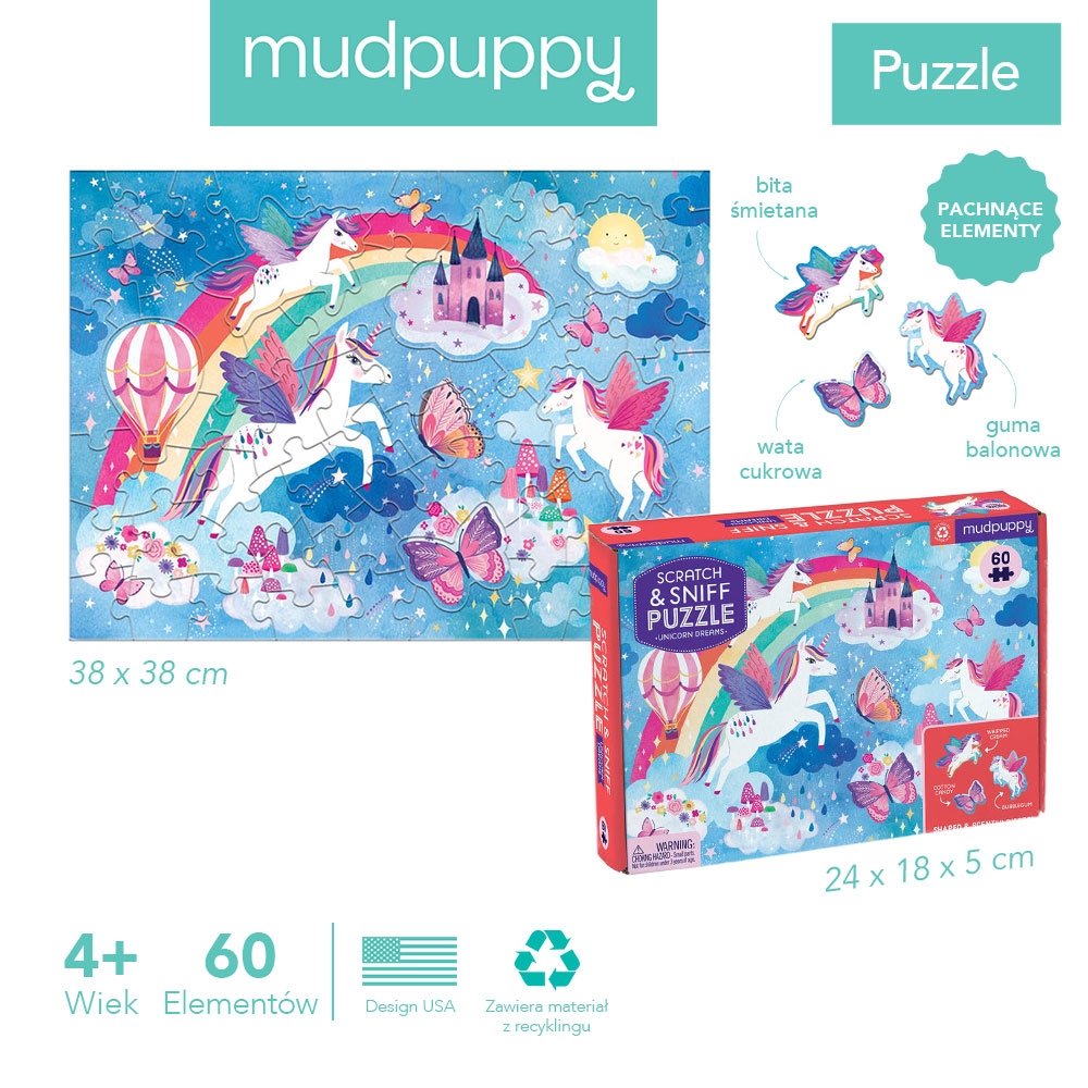Mudpuppy, Puzzle sensoryczne z elementami zapachowymi - Sen jednorożca, 60 el.