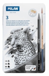 Zestaw 3 ołówków bezdrzewnych MILAN TODOGRAPHITE: HB, 4B, 6B z pędzelkiem w metalowym op.