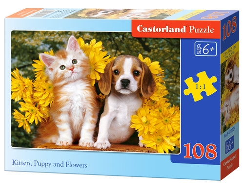 Puzzle Kitten, Puppy and Flowers 108 elementów (010134)
