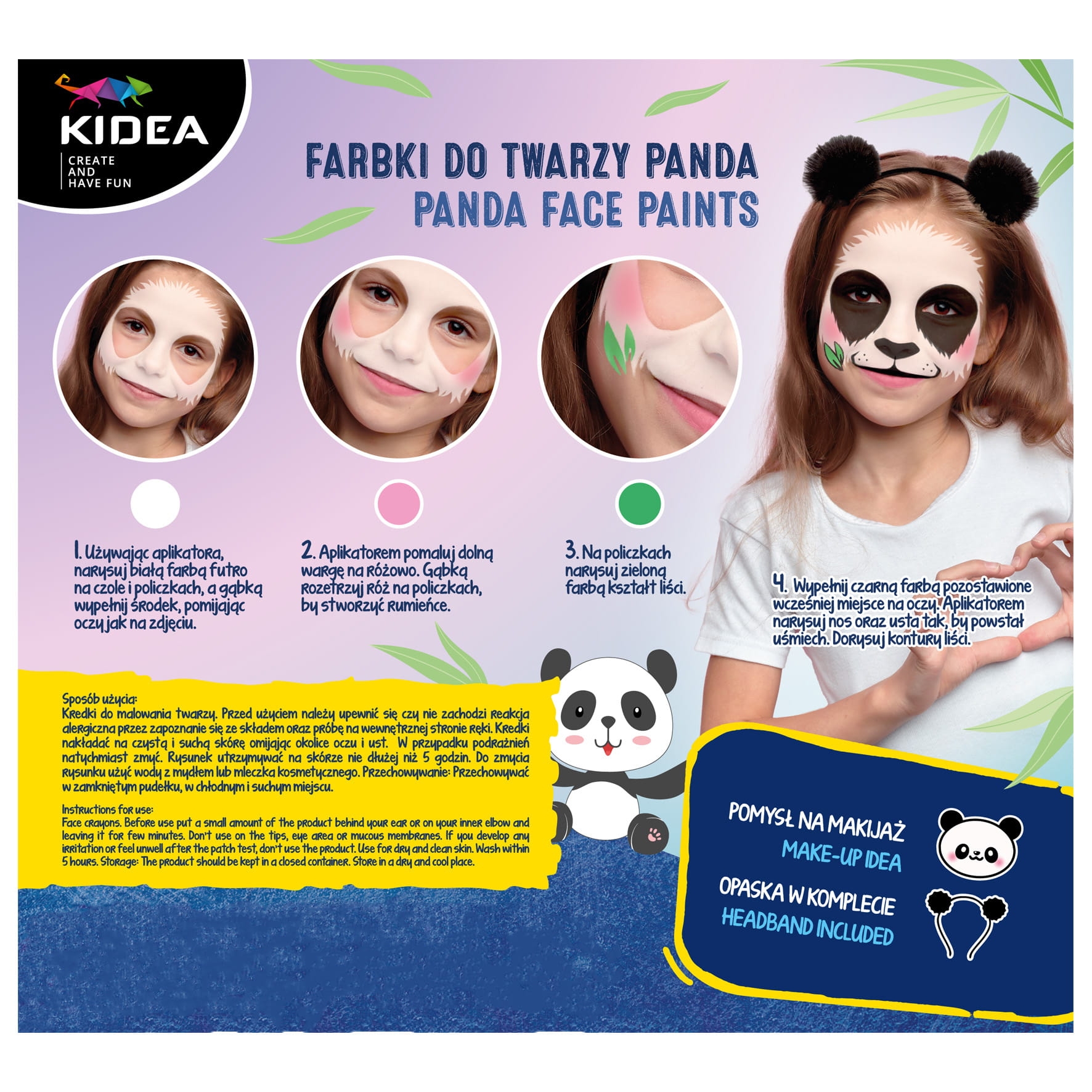 Kidea, Zestaw - farbki do twarzy + opaska - Panda