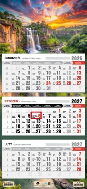 Kalendarz 2027 trójdzielny - wodospad