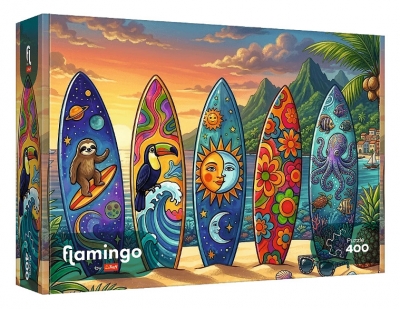 <img src='https://webimage.pl/pics/146/2/d590051111214611214.jpg' style='height:440px' /> Puzzle 400 Flamingo by Trefl Letnia przygoda na fali