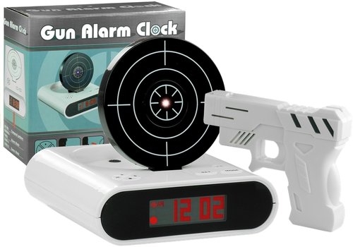 Pistolet laserowy z tarczą budzik zegarek biały