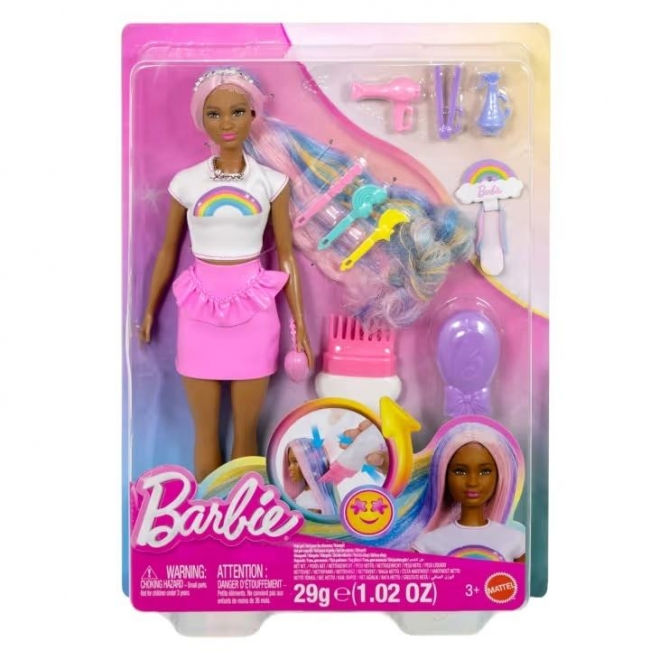 Lalka Barbie z tęczowymi, błyszczącymi włosami