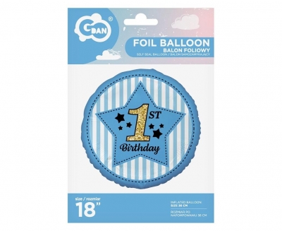 Balon foliowy 1st Birthday, niebieski 45 cm