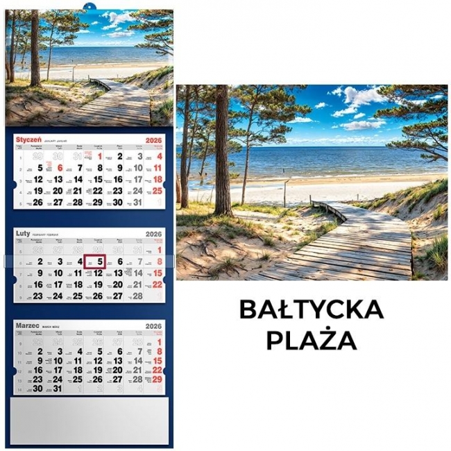 <img src='https://webimage.pl/pics/175/1/d5901421111175.jpg' style='height:440px' /> Kalendarz 2026 trójdzielny bałtycka plaża