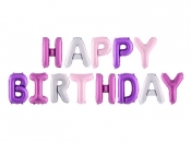 Balon foliowy Partydeco napis Happy Birthday, mix kolorów (ciemny różowy, jasny różowy, liliowy i fioletowy) 14cal (FB6P-000)