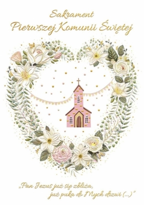 Karnet A5 Komunia Różowy kościółek