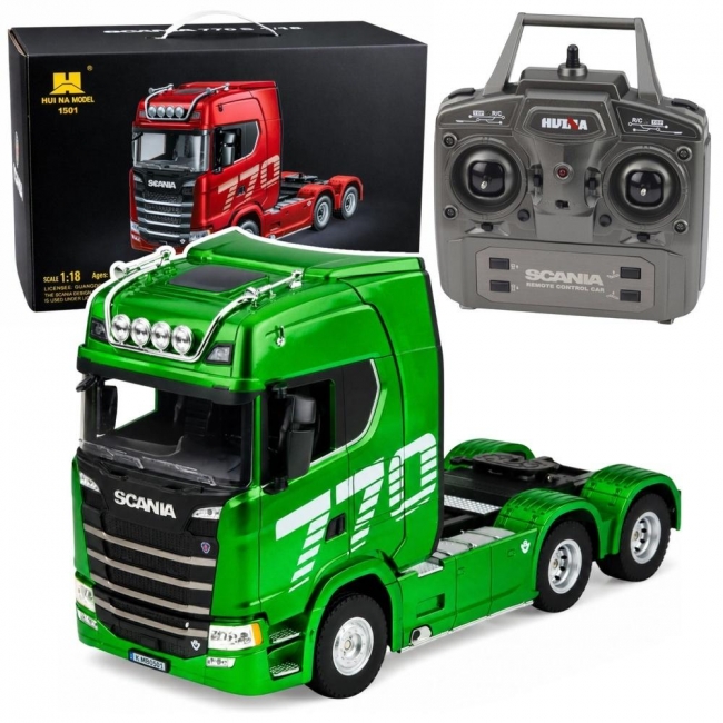 <img src='https://webimage.pl/pics/190/7/d5907990207042.jpg' style='height:440px' /> Ciągnik siodłowy Scania a R/C Huina zielony 1:18