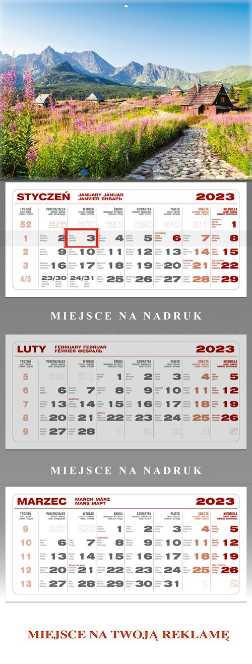 Kalendarz 2023 ścienny trójdzielny Tatry