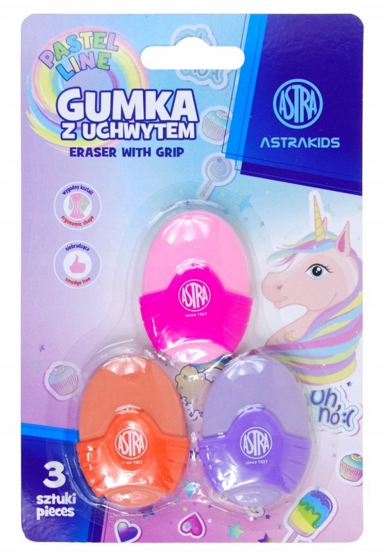 Gumka owalna z uchwytem ASTRAKIDS Unicorn - 3 szt