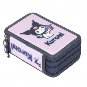 Piórnik szkolny potrójny z wyposażeniem - Kuromi Pink