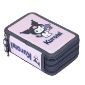 Piórnik szkolny potrójny z wyposażeniem - Kuromi Pink