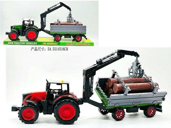 Traktor z przyczepą i drewnem