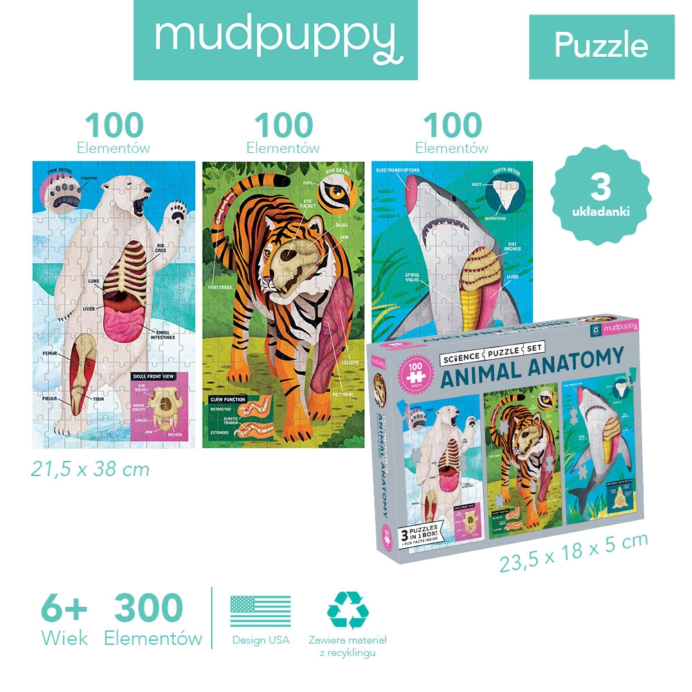 Mudpuppy, Puzzle edukacyjne 3w1 - Anatomia zwierząt, 300 el.
