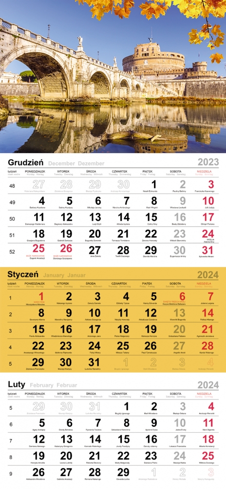 Kalendarz ścienny, trójdzielny 2024 (T-106T-08)