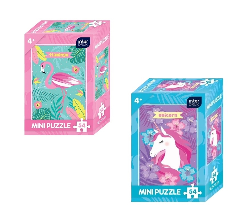 Interdruk, Puzzle Mini 54: 2 wzory - jednorożec lub flaming (65081)