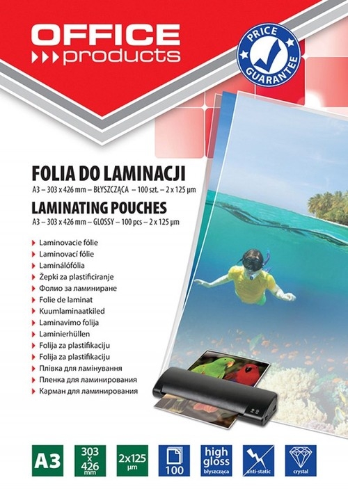 Folia do laminacji Office Products A3 303x426mm błyszcząca 100 sztuk transparentna