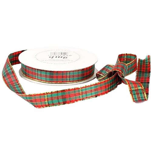 Wstążka w szkocką kratkę, 12mm/9mb, złocona