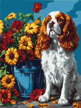 Malowanie po numerach - Spaniel i kwiaty 30x40cm