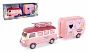 Akcesoria dla lalki auto typu VAN ze światłami i przyczepą kempingową