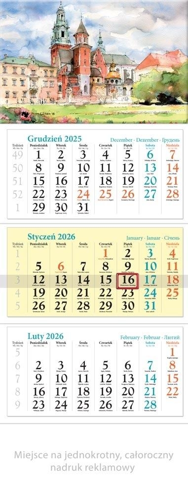 Kalendarz 2026 ścienny trójdzielny Kraków