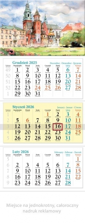 Kalendarz 2026 ścienny trójdzielny Kraków