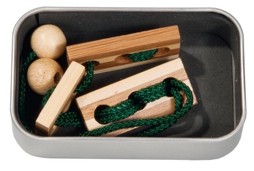 IQ-Test Puzzle Dwie Kulki i Trzy Płytki, zielony, bambus, sznurek, metalowe pudełko